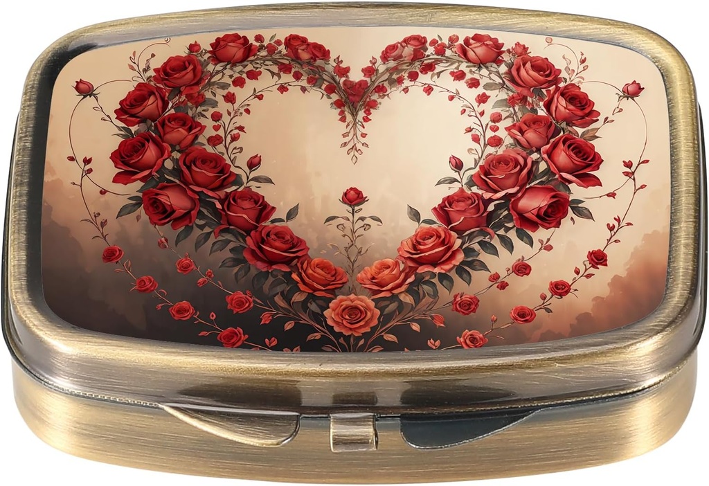 Dynippy Pill Case Pill Box con Mirror Retro Pocket 2 Compartment Medicine Case Vitamin Pill Organizer per Pocket Purse and Travel (Retro-Rose Heart Wreath)