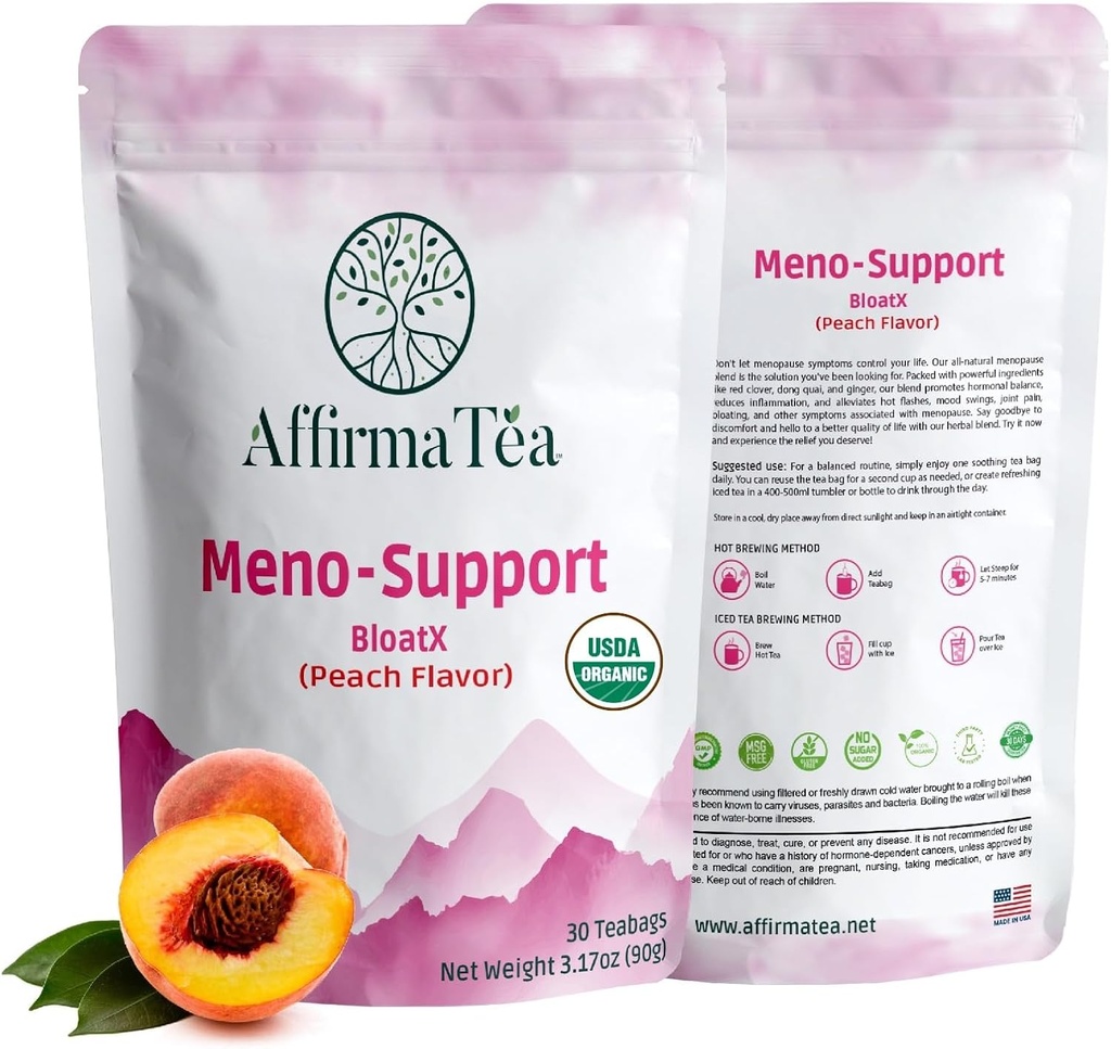 Meno-Support BloatX Organic Menopause Rilievo: Balances & Supports Hot Flashes, Ormoni, Moods Swings, Night Sweats, & Bloating W/Black Cohosh, Red Clover & Dong Quai. Natural Peach Flavor.