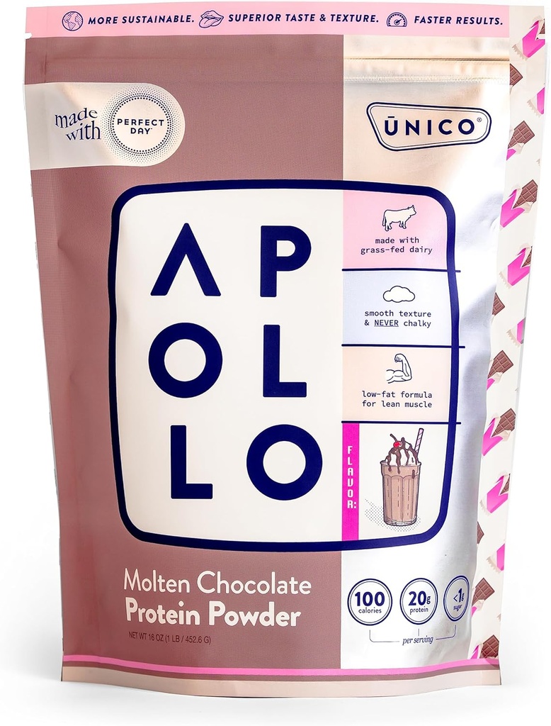 Unico Apollo Molten Chocolate Protein Powder - 20g 100% Grass-Fed Whey Protein, Egg Albumen e Casein | Non-Bloating | Low-Carb e Low-Fat | 16 Serve | Texture Non-Chalky | Best-Taste