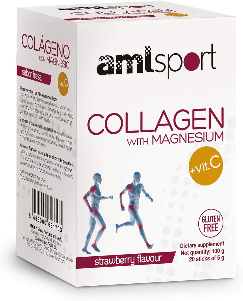 AML Sport - Collage con Magnesio con Vitamina C Sticks - Flavour fragola - Travel Pack -20 Sticks. Collage idrolizzato. Latticini, Gluten e Sugar Free.