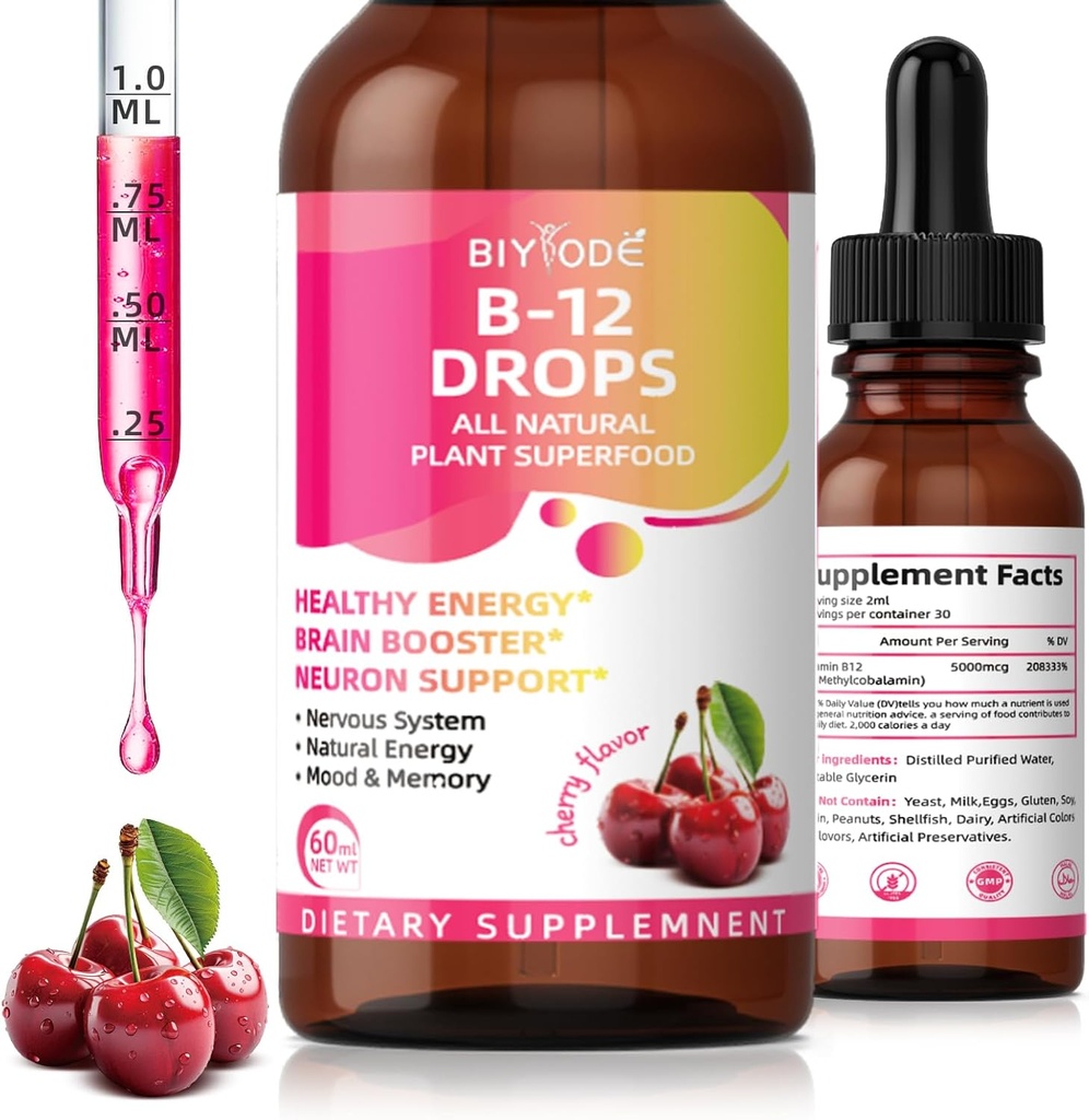 Vitamina B12 5000 mcg Gocce liquide Tutte le piante naturali Superfood Energia sana cervello Booster Neuron Supporto nervoso Sistema energia naturale Mood Memoria 60ml Net Wt Cherry Flavor