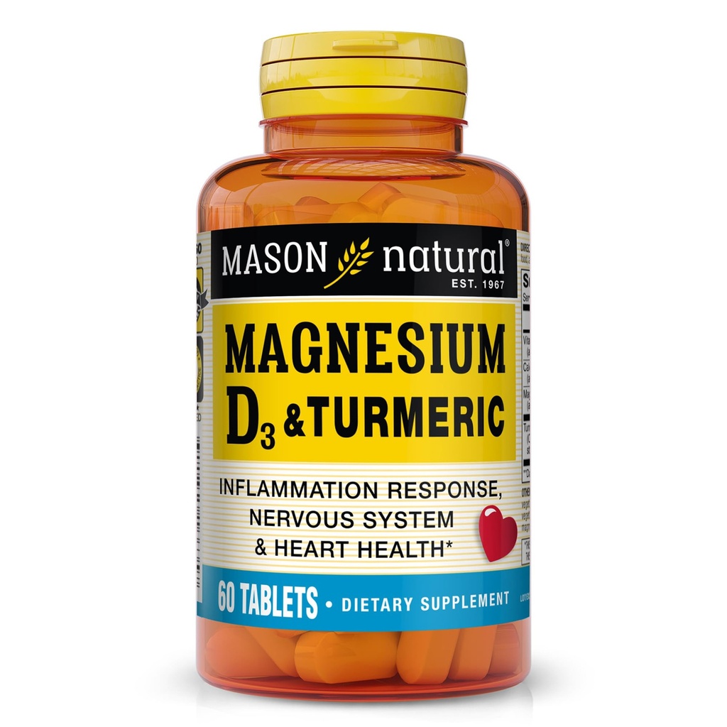 MASON Magnesio naturale & vitamina D3 con curcuma, supplemento alimentare di 60 giorni con magnesio di 500 mg, vitamina D3 3000 IU e curcuma di 150 mg