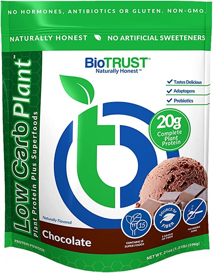 BioTrust Low Carb Plant, Delicious, Creamy, 20 Grammi di Clean, Complete, Plant-Based Protein, Fiber da 5 Grammi, 15 Superfoods, Enzimi Digestivi, Vegan, Dairy-Free - 14 Servings (Chocolate)