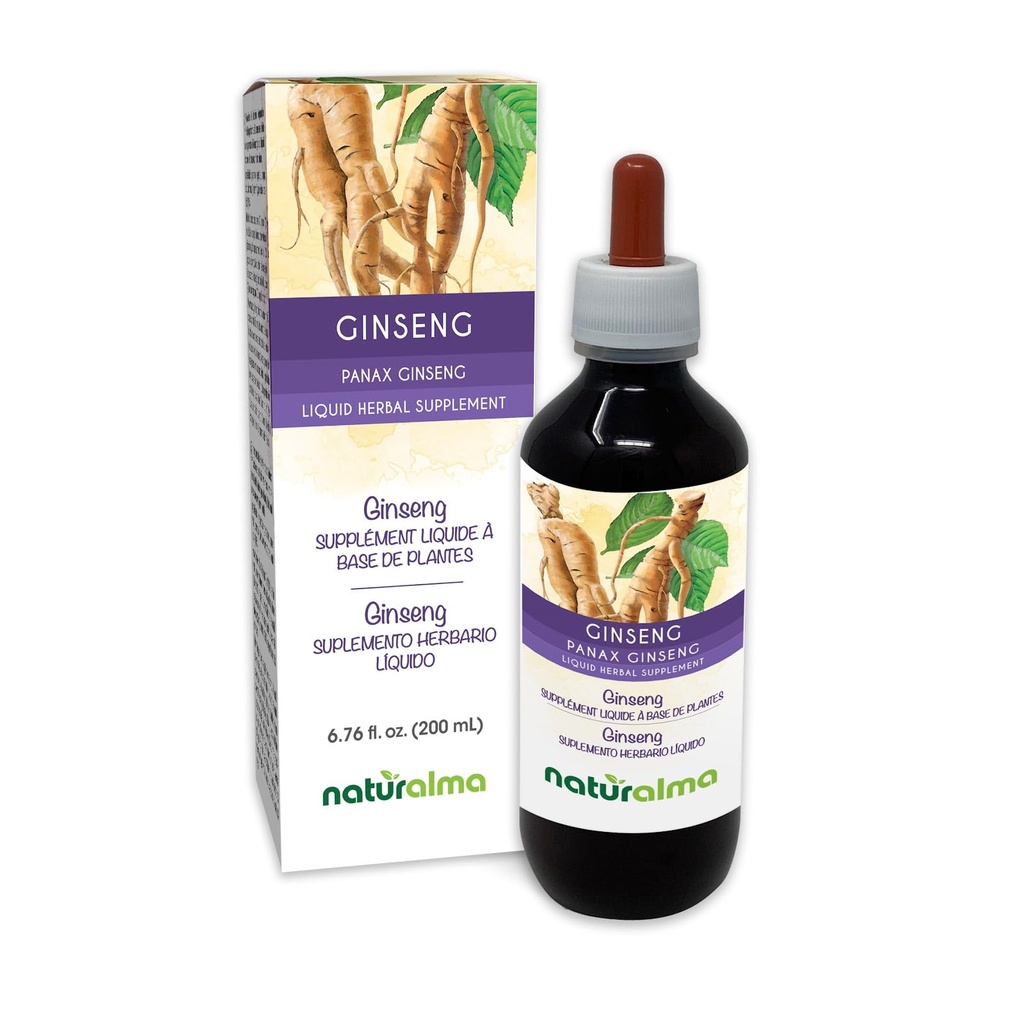 Naturalma Ginseng (Panax Ginseng) Tintura senza alcool di radice - 6.76 fl oz Estratto liquido in gocce - Integratore di erbe - Vegan