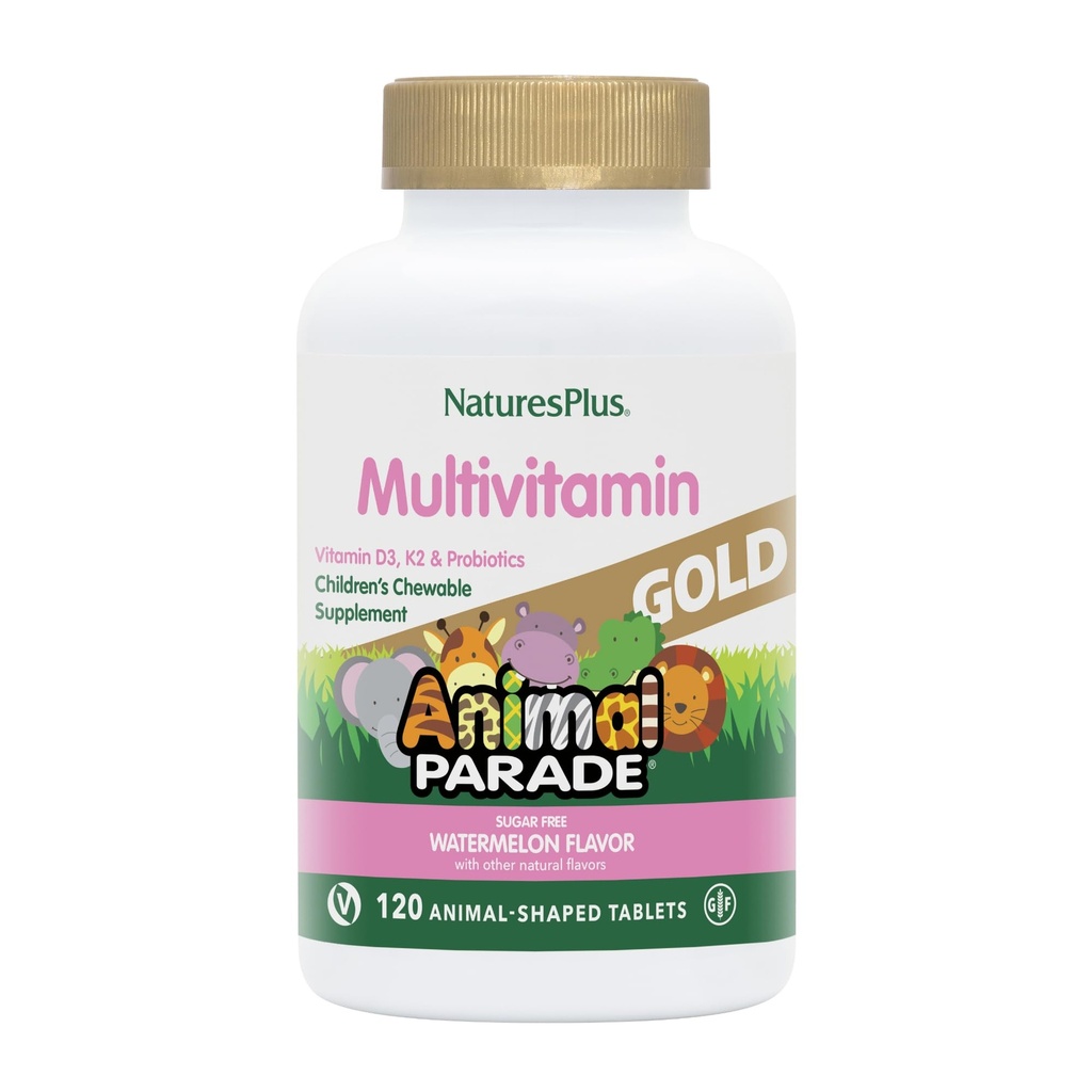 Natures Plus Animal Parade Gold Multivitamin Children’s Chewables - Aroma di anguria - 120 compresse a base di animali - Vitamina D3, K2 & Probiotics - Vegan, Gluten Free - 60 Total Servings