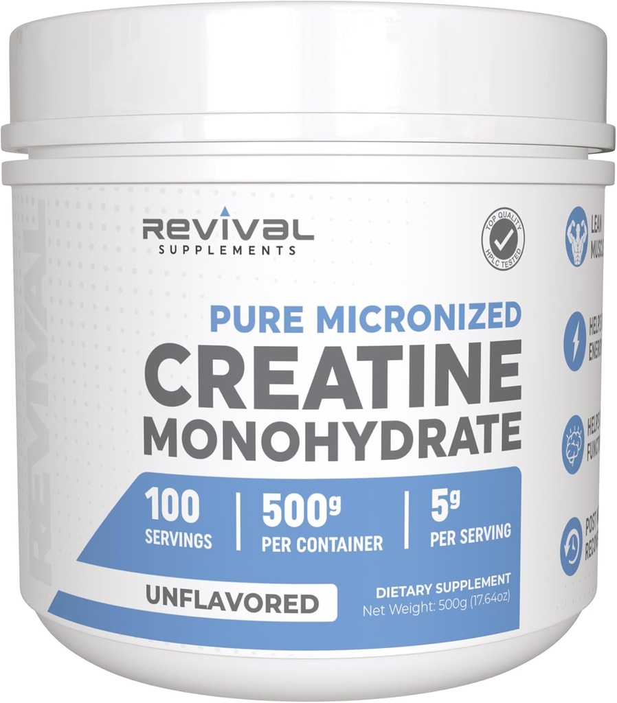 Revival Premium Micronized Creatine Monohydrate - HPLC Testato 100% Pure Grade - 500g (100 Serve) - Supporta la crescita muscolare magra - Assorbimento massimo - Unflavored - Made in USA & 3rd Party Lab Tested
