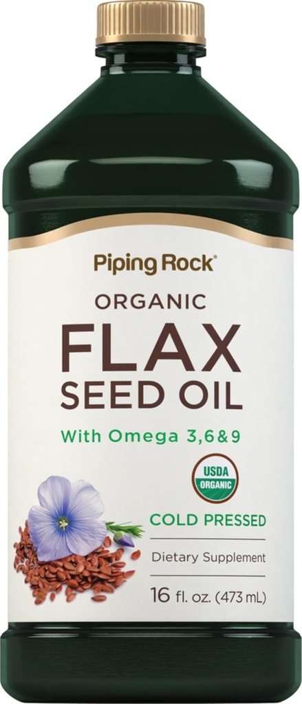 Piping Rock Flaxseed Oil | 16 Fl Oz | con Omega 3 6 9 | Organic Cold Pressed Liquid Supplement | Vegetariano, Non OGM, Gluten Free Formula