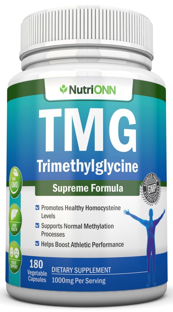 TMG Trimethylglycine Supplement - 1000mg - 180 capsule - Premium Pure Betaine Anhydrous - Supporta i livelli normali di omocisteina e pressione sanguigna - promuove processi di metilazione - Formula non OGM