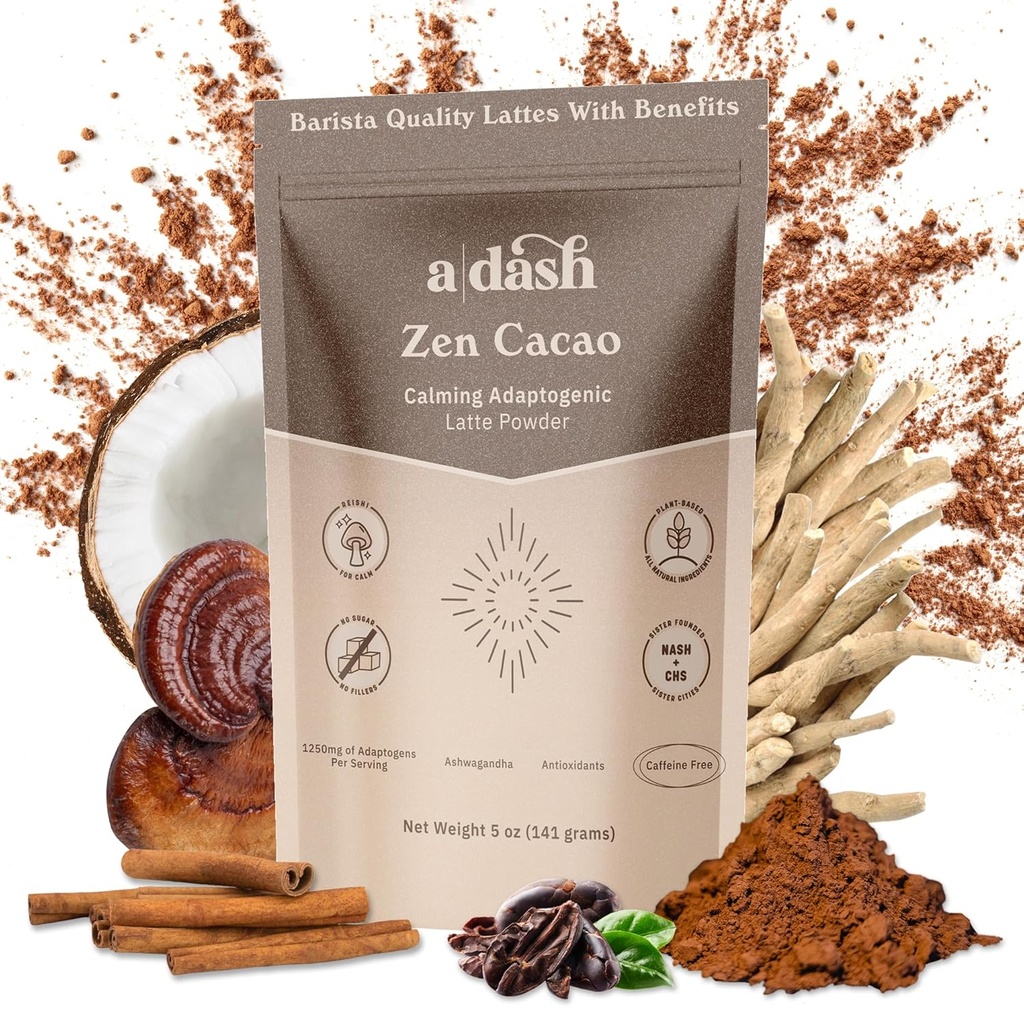 A Dash Zen Cacao Latte, Chocolate Mushroom Caffè alternativa Made con Adaptogens, Ashwagandha, & Cinnamon Root Extract, Mushroom Hot Coco con No Caffeine (20 Servings)
