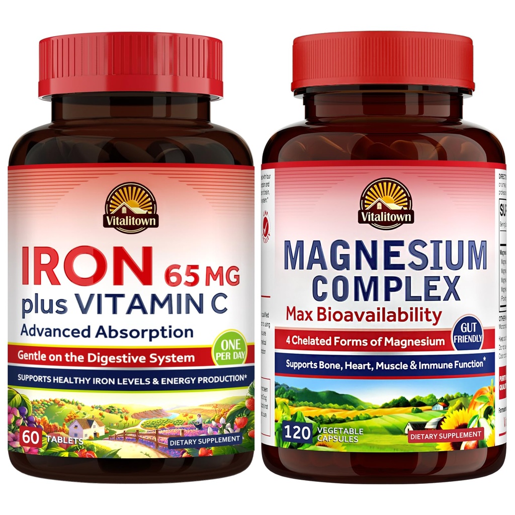 Vitalitown Magnesium supplemento complesso 500mg & 65mg di ferro per gli uomini delle donne, per il sonno, il muscolo, la costruzione del sangue & il miglioramento dell'energia