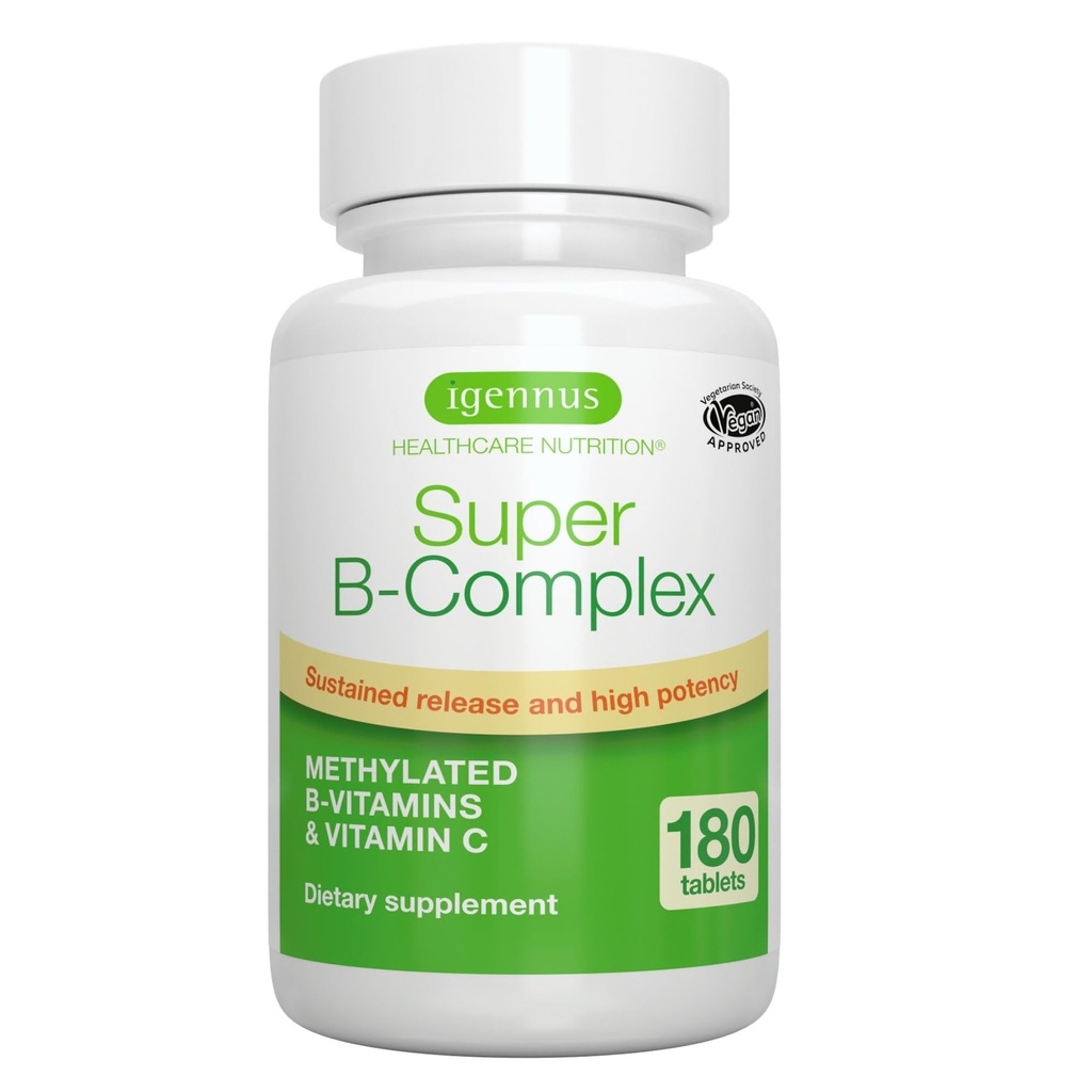 Igennus Super B-Complex Methylated B Vitamins - Rilascio prolungato, Etichetta pulita e ad alto assorbimento, con 5-MTHF Folate & Methyl B12, Energy, Mood & Cognitive Performance, Lab Verified, 180 Piccole Tablet
