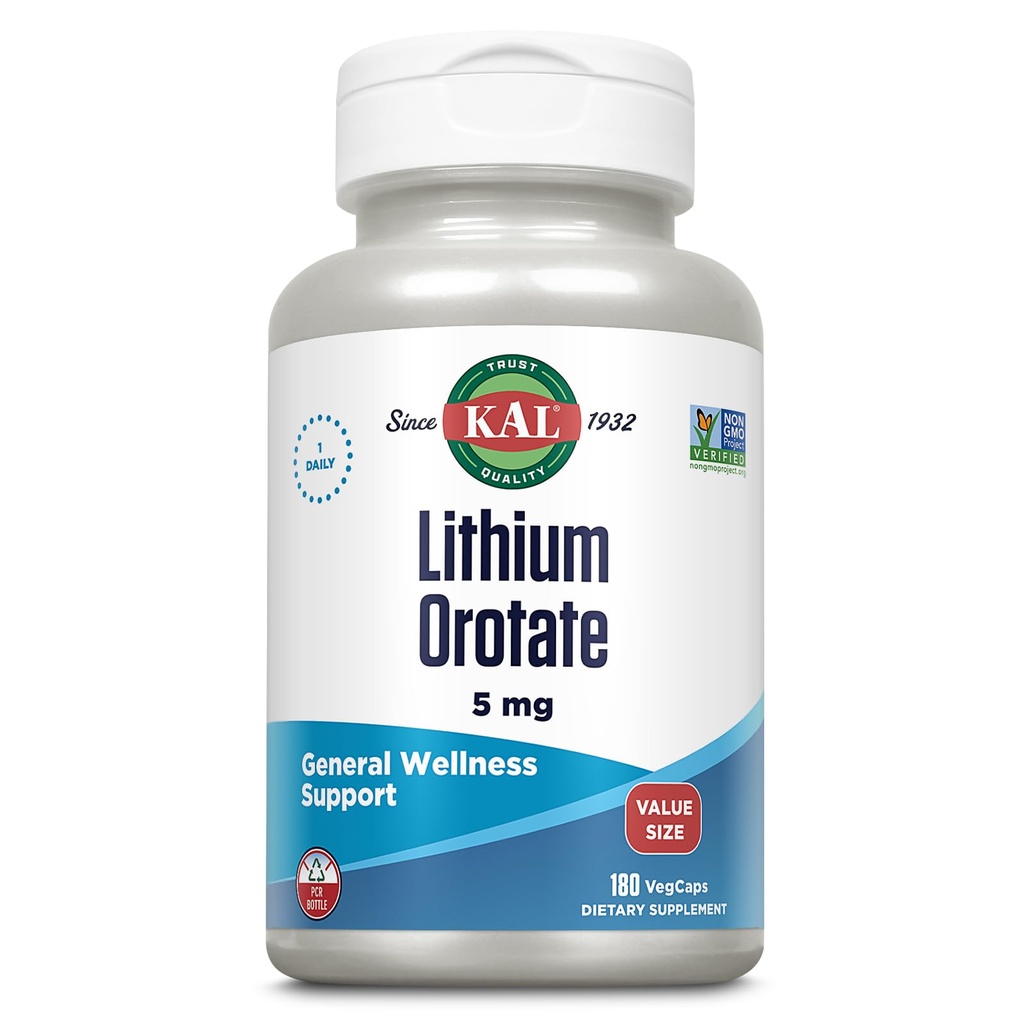 KAL Lithium Orotate 5mg, Low Dose Lithium Supplemento per General Wellness Mood Support, Altamente Biodisponibile, Vegan, 60-Day Garanzia, 180 Serve, 180 VegCaps