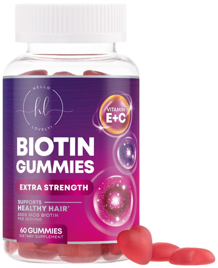 Vitamine di capelli Gummy con Biotin 5000 mcg - Supporto per la crescita dei capelli con Vitamine E & C per Thicker, Più forti & Belli capelli - Pelle per capelli e unghie Vitamina per le donne, Non OGM, Gluten Free - 60 Gummies