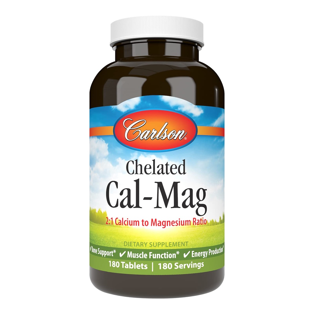 Carlson - Chelated Cal-Mag, 2:1 Calcium to Magnesium Ratio, Bone Support, Muscle Function & Energy Production, 180 compresse