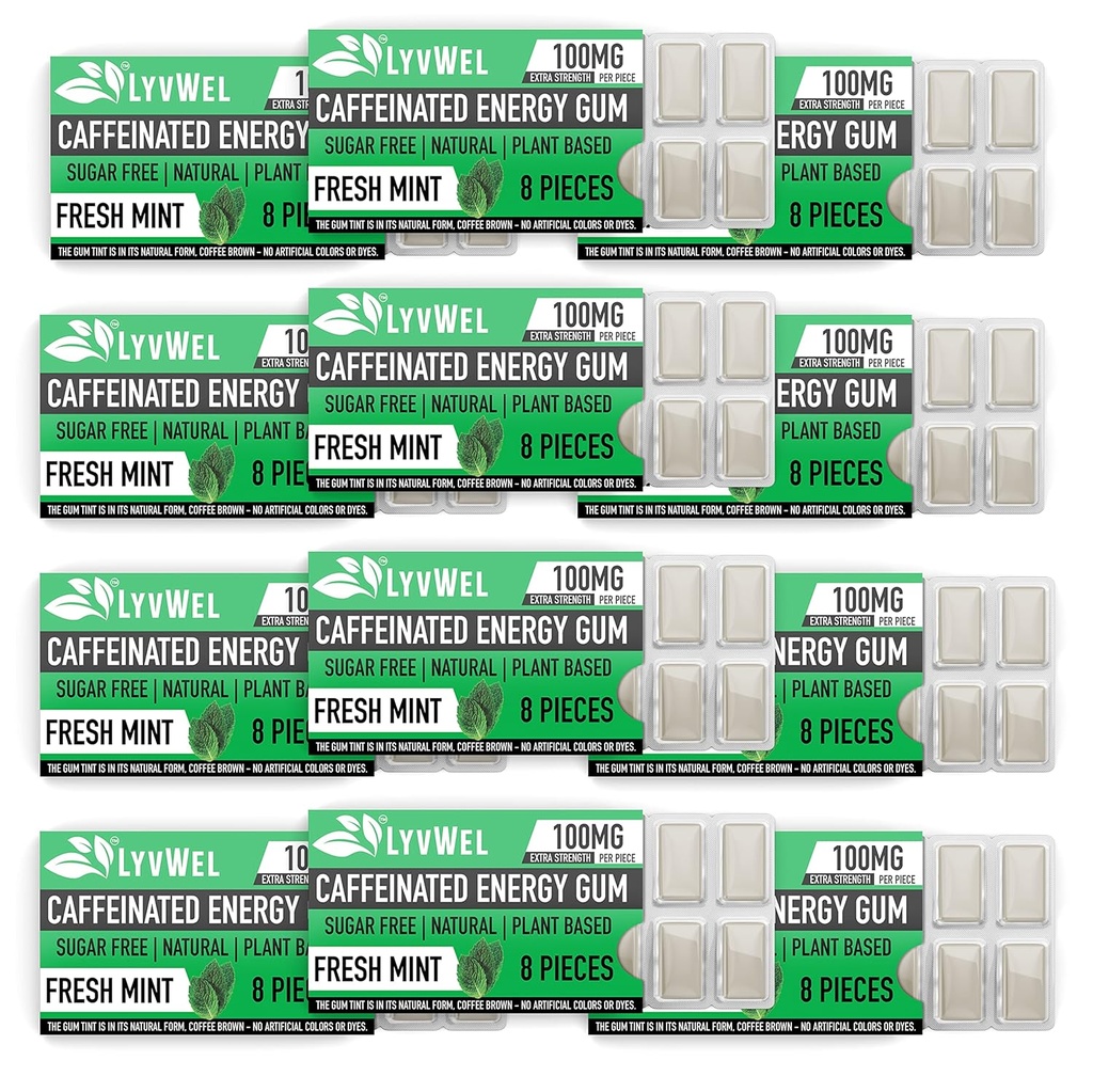 LyvWel Energy Gum | 100mg Caffeina per gemma | Tutto naturale | Zucchero-Free Pre-Workout Boost: il vostro supplemento di energia essenziale per rimanere Awake- Carton 12 pack (Mint- 12 pack)