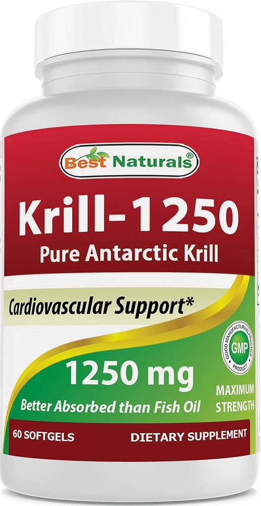 Best Naturals Pure Antarctic Krill Oil 1250 mg (Triple Strength) con Omega-3s EPA, DHA e Astaxanthin 60 Softgels