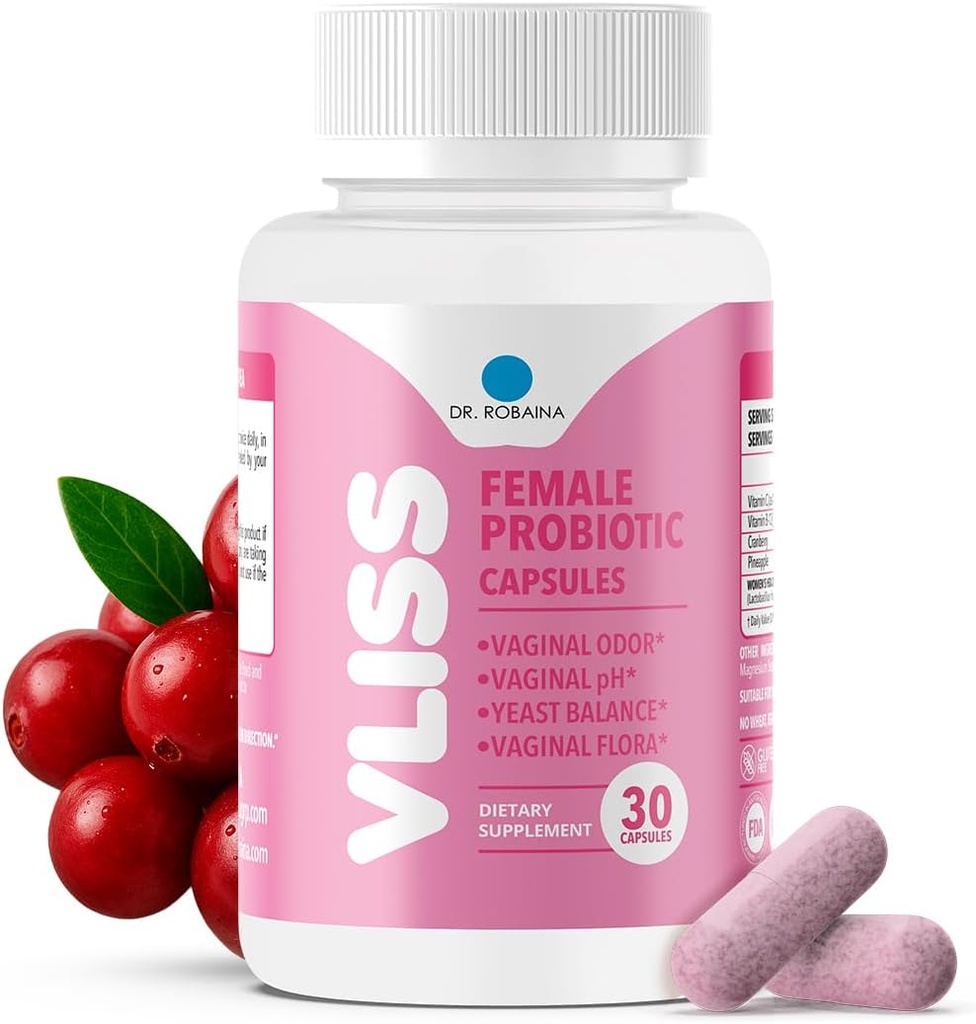 Dr. Robaina Women’s Daily Vaginal Probiotic + Cranberry & Pineapple, 5 B CFU Lactobacillus (rhamnosus, reuteri, gasseri, croccanteatus), pH Balance & Odor Control, Vitamina C & B-12, 30 capsule vegane