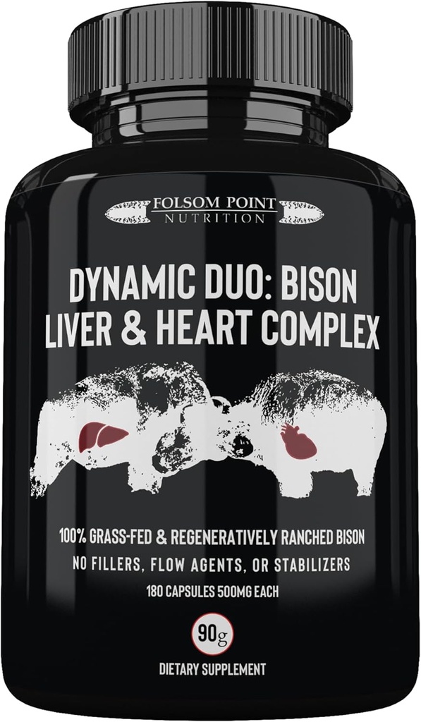 Dynamic Duo: 100% Grass-Fed Bison Liver & Heart Complex | Desiccated Bison Liver and Heart Pill Supplement (Bracciale) | Made in USA