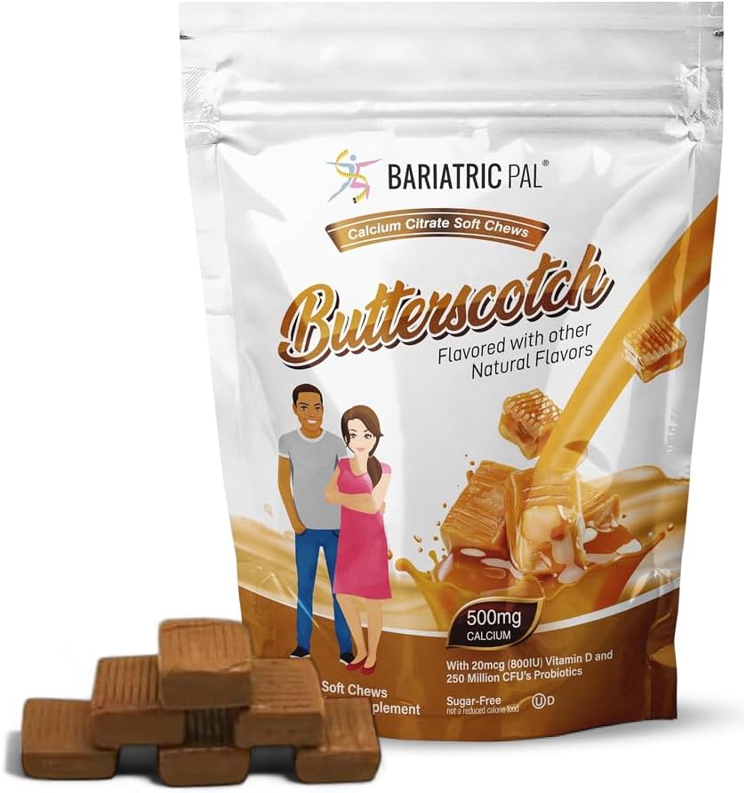 BariatricPal Citrato di calcio senza zucchero Cuciture morbide | 500mg con vitamina D & Probiotics | Butterscotch | 90 Conte (1 Mese di Alimentazione)