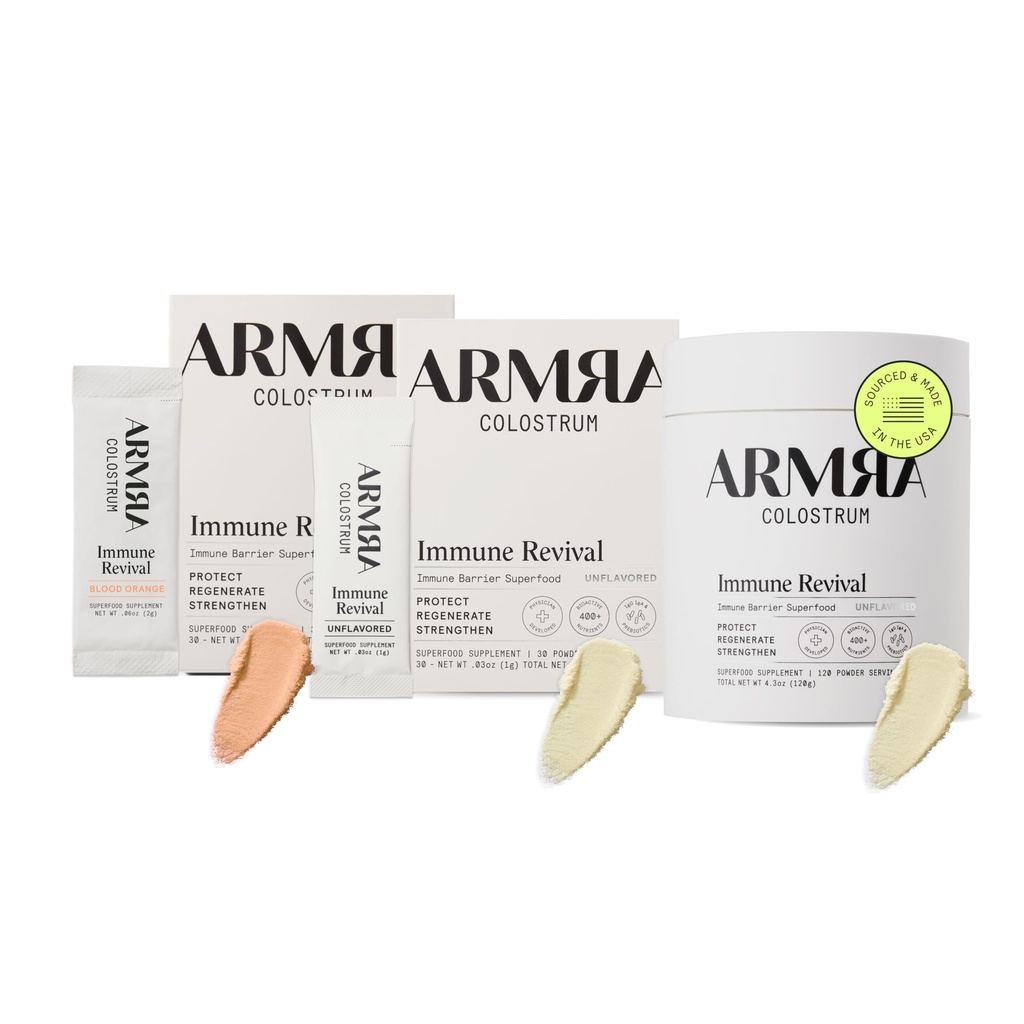 ARMRA ColostrumTM Polvere Premium, erba Fed, Gut Salute Bloating Immunity Skin & Hair, contiene 400+ Nutrienti Bioattivi, Keto, Gluten & Fat Free (Blood Orange, Unflavored Bundle | 180 Servings)