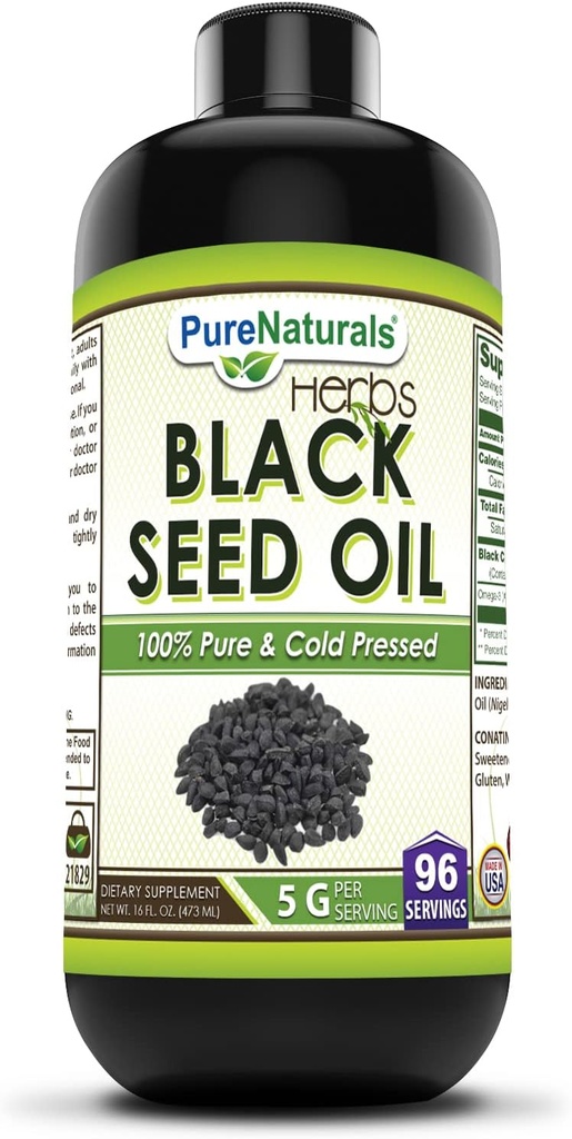 Pure Naturals Black Seed Oil Supplemento | 16 Oz | 5 G Per Serving | 96 Serve per Bottiglia | Non OGM |Gluten-Free | Made in USA