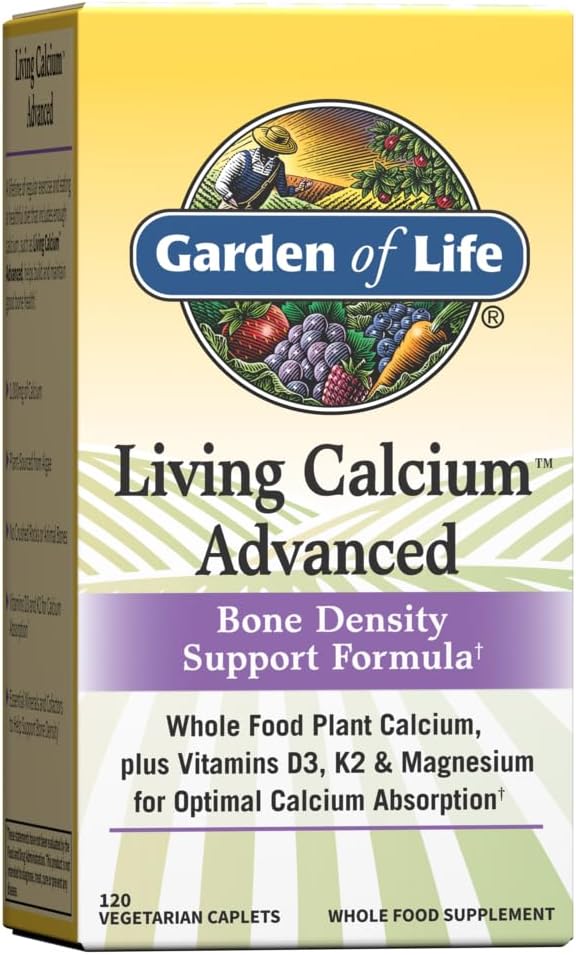 Garden of Life Living Calcium Advanced Bone Density Support Formula, 1,000mg Whole Food Plant Calcium Plus Vitamine D3, K1 e Magnesio per l'assorbimento, 120 Caplets vegetariani