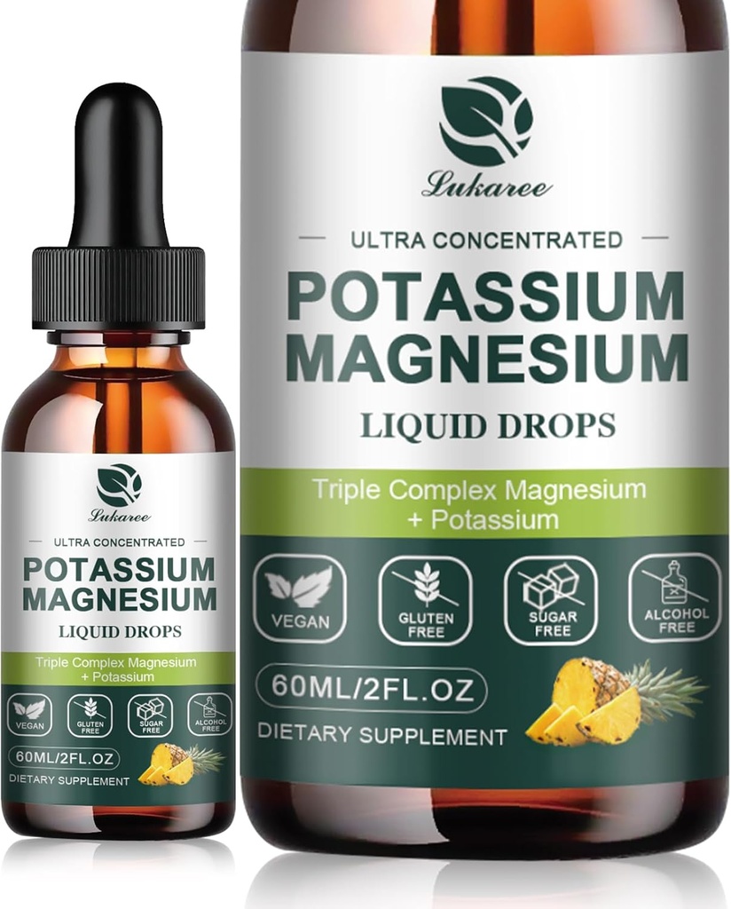 Potassio Magnesio Supplemento Liquido w/Triple Complesso Magnesio Glycinate & Potassium Plus Omega 3, Mossa Mare, Seme Nero, D3K2 & Calcium per Zzz, Gambe &amp; Muscolo-4 FL OZ Goccia