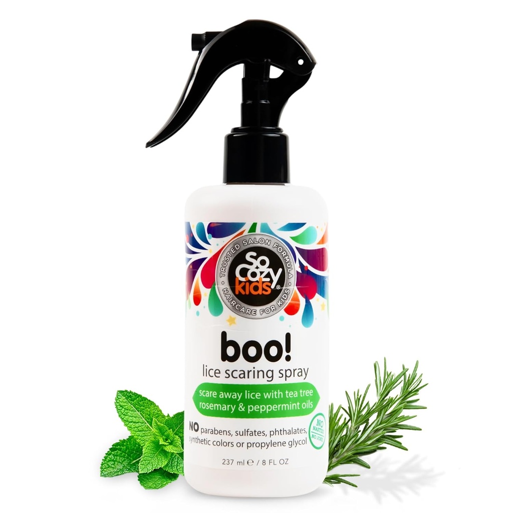 SoCozy Boo Lice Scarpante Spray per Bambini Capelli, Efficace Trattamento Lice (8 Fl Oz) clinicamente provato a respingere Lice, Condizionamento Spray con Olio Tea Tree, Rosemary Oil & Keratin, Paraben & Sulfate Free