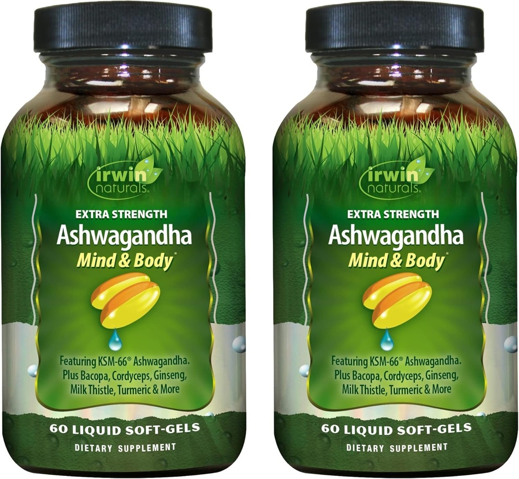 Irwin Naturals Extra Strength Ashwagandha - 60 Liquid Soft-Gels - Aiuta a migliorare le prestazioni fisiche e mentali - con Tumeric & Milk Thistle - 60 Servings