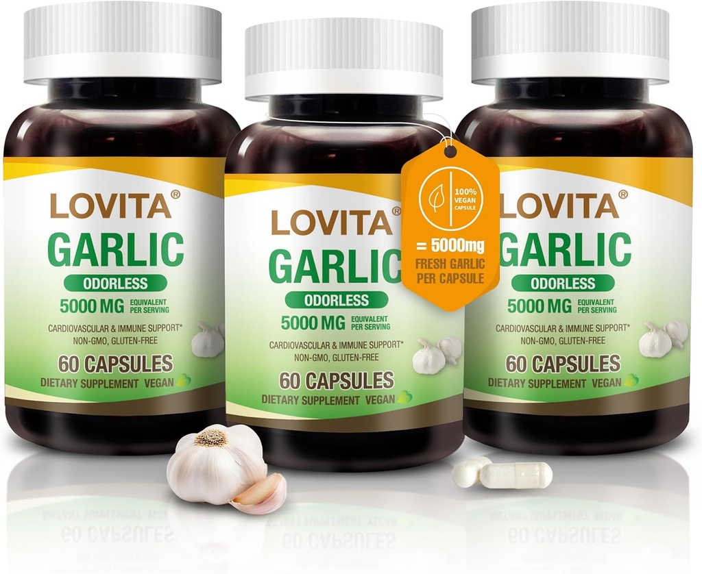 Lovita Odorless Aglio Capsule, 5000mg Aglio fresco Equivalente, 1,25% Allicin Extract, Supporta Cuore, Pressione Sangue, Colesterolo & Immune System, Non-GMO, Gluten-Free, 180 Vegan Capsule