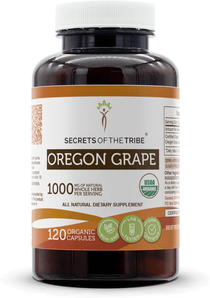 Segreti della Tribù Oregon Uva USDA Capsule Organici | Capsule Vegetariani Organici Certificati, Integratore Alimentare Erboso | Mahonia aquifolium Dried Root (120 Count)