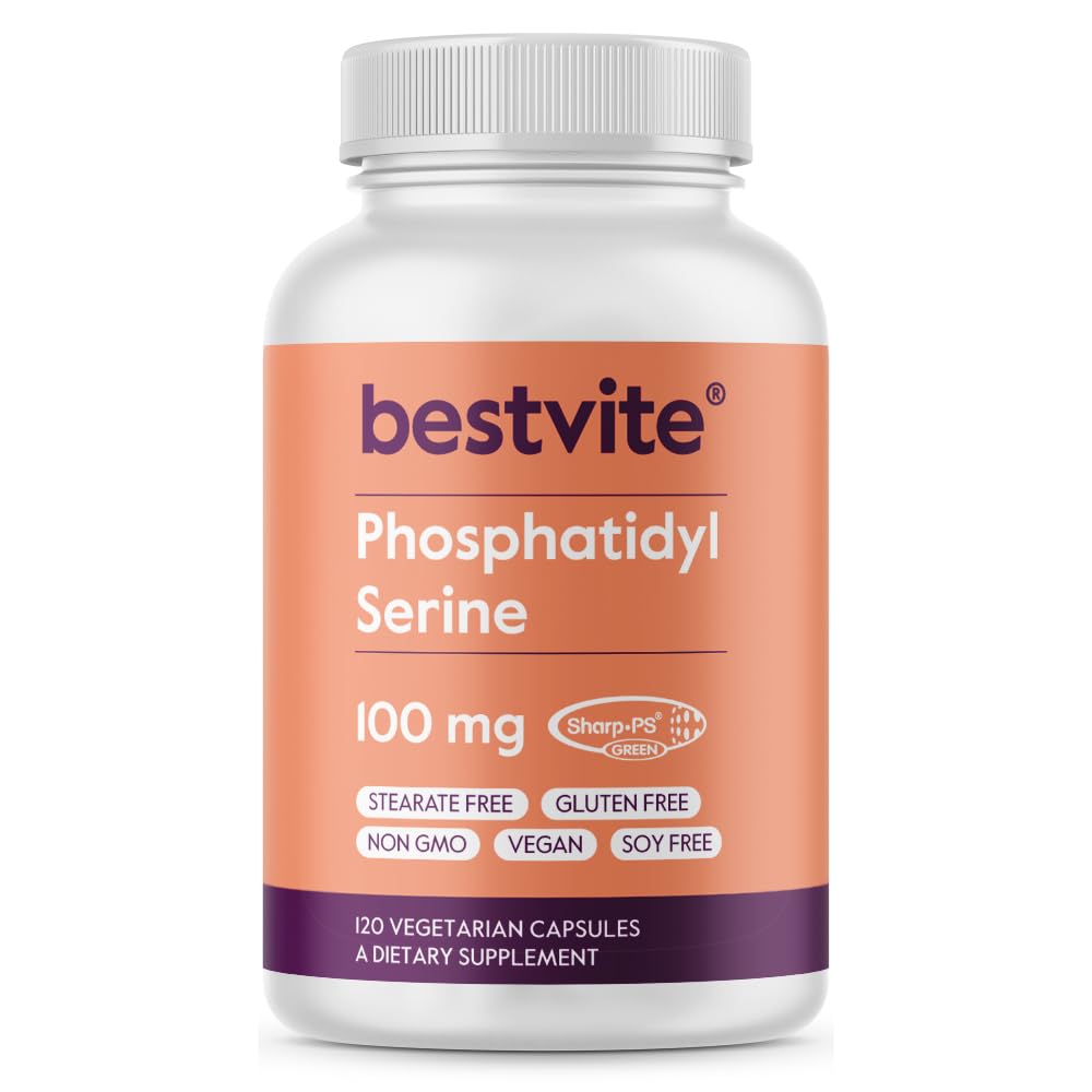 BESTVITE Phosphatidylserine 100mg per capsula (120 capsule vegetariane) con Sharp-PS® Green - Brevettato e clinicamente testato - Stearate Free - Soy Free - Gluten Free - Vegan - Non OGM