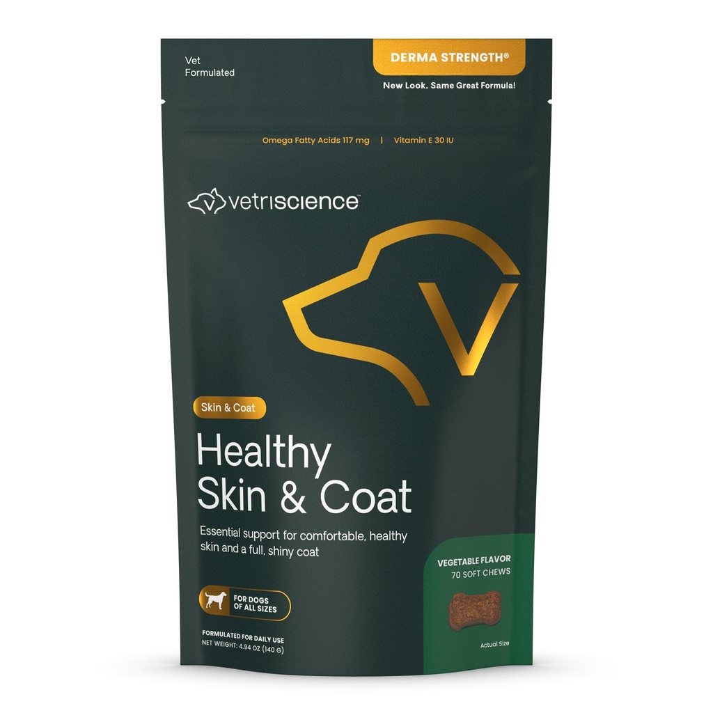 VetriScience Salute della pelle & Coat Chews, Derma Forza Omega-3 Salmon olio supplemento per cani, Omega pelle e cappotto chews, salute della pelle, la crescita dei cappotti, Fish Oil e vitamina E, Veggie, 70 conte