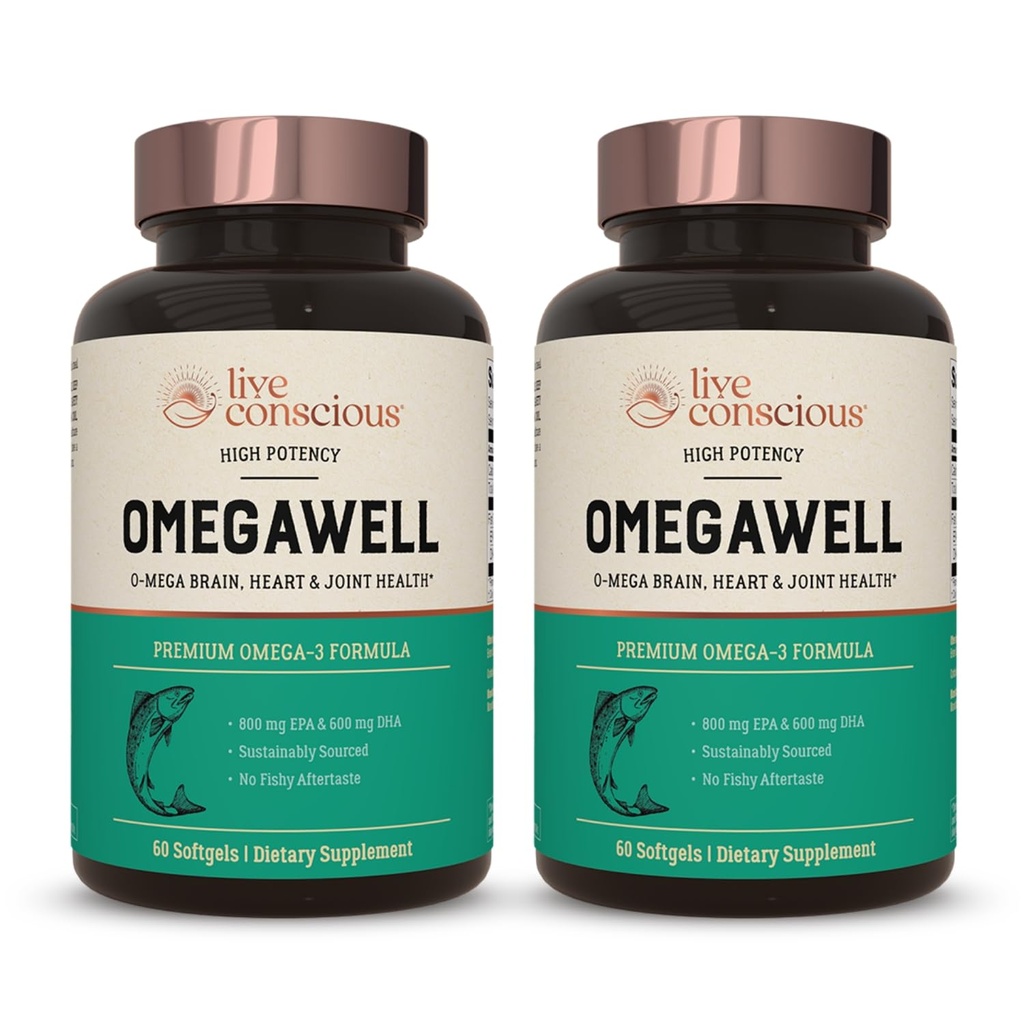 Live Conscious OmegaWell Fish Oil: Cuore, cervello e supporto comune | 800 mg EPA 600 mg DHA - Enteric-Coated, Sostenibilmente Sourced - Facile da ingoiare 120 Conte (2-Pack)