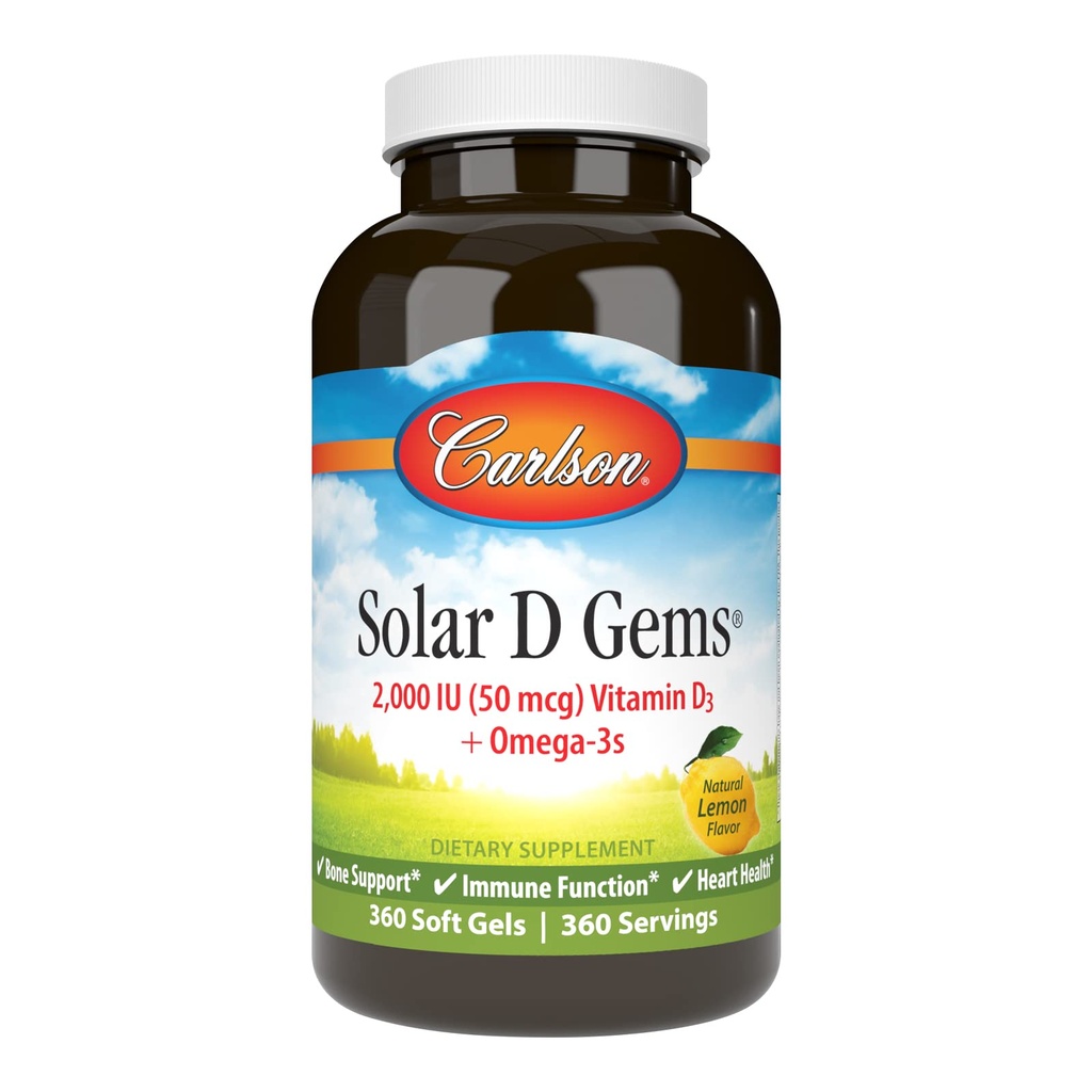 Carlson - Solar D Gems, Vitamina D3 e Omega-3 Supplemento, 2000 IU (50 mcg) Vitamina D3, 115 mg Omega-3s EPA e DHA Supplemento, Wild Caught, Sostenibilmente Sourced, Limone, 360 Softgels