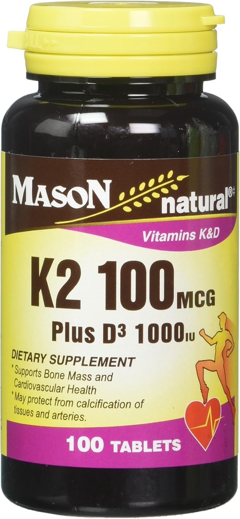 Mason vitamina naturale K2 100 mcg Plus D3 1000 IU compresse 100 contatore per confezione bottiglia di 3 Totale 300 compresse