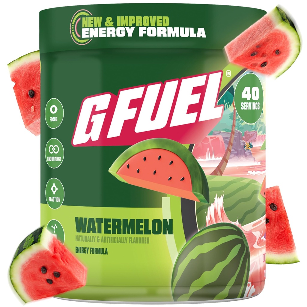 G carburante Watermelon Energy Drink Powder, Pre Workout Caffeine Mix per il gioco, Sugar Free Focus Amino, Vitamina + Antiossidanti, 9.9oz (Watermelon, 40 Servings)
