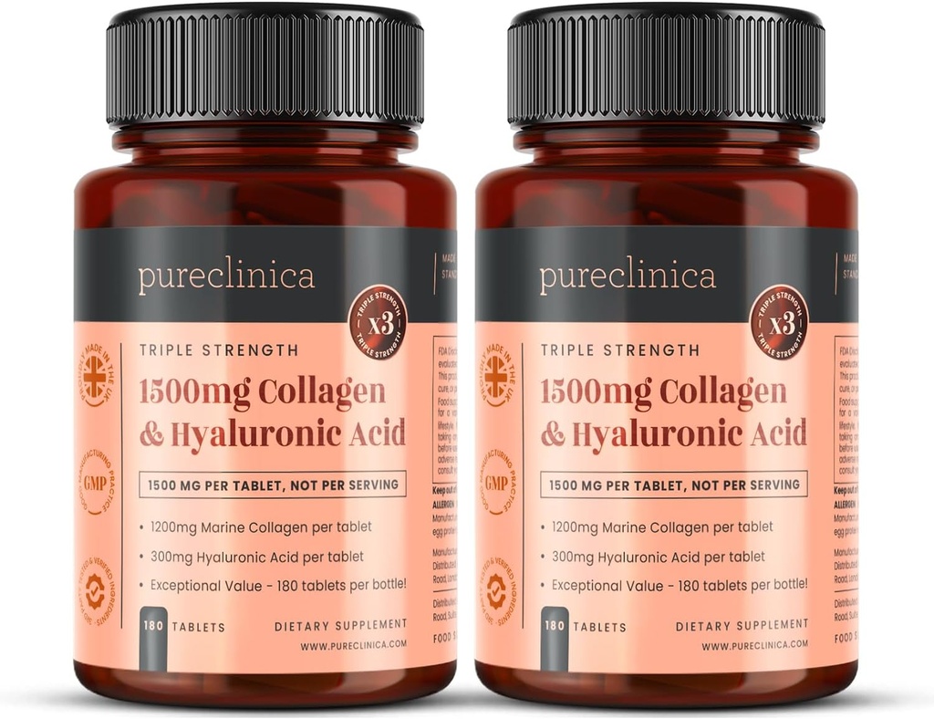 Pureclinica UltraColl Collagen & Acido Ialuronico 1500mg x 360 compresse (2 Bottiglie di 180) - 1 Anno di fornitura
