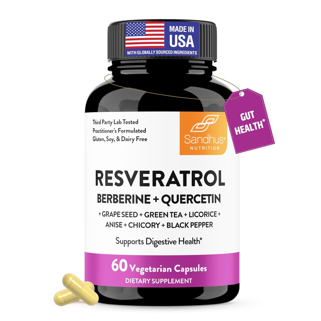 Resveratrolo di Sandhu con Berberina per Gut Health | Supplemento digestivo per le donne e gli uomini | Tè verde, Anice stellata, DGL, Estratto di semi di uva & Quercetin | Eases Bloating | 60 capsule (Pack of 1)