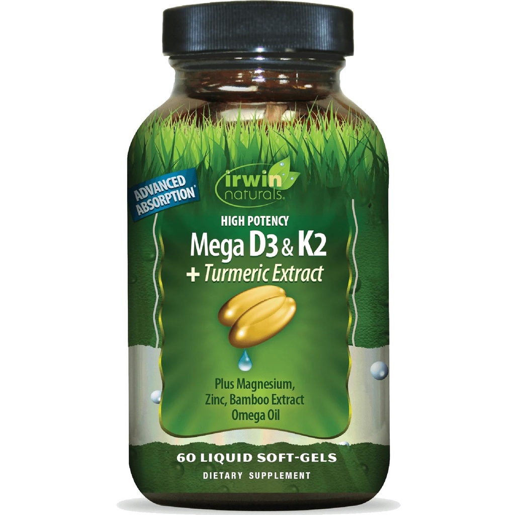 Irwin Naturals High Potency Mega D3 & K2 + Estratto di curcuma - 60 Softgel liquidi - Bones sano e funzione immunitaria