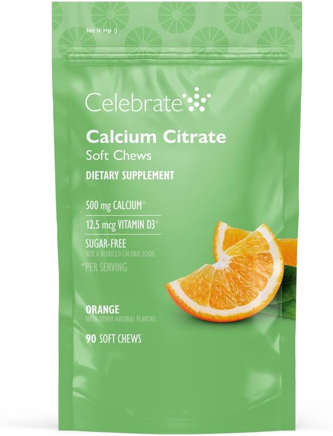 Celebrare Vitamine Bariatric 500mg Calcium Citrate Soft Chews con 500 IU Vitamin D3 – Essenziale per Gastric Bypass Pazienti & Bone Salute - Zucchero & Gluten Free, Arancione (90 Chews)