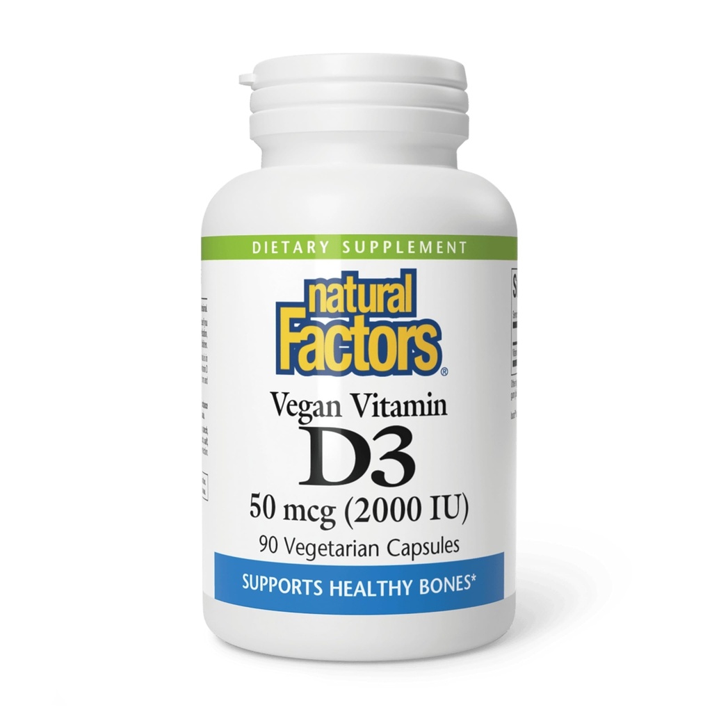 Fattori naturali Vegan Vitamin D3 2000 IU - Supporta Bone & Immune Salute - Colecalcifero vegetale - Capsule Vegetariani - 90 Capsule (90 Serve)