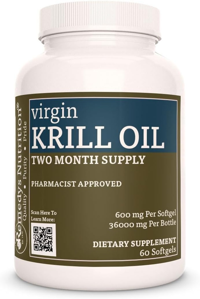 Remedy’s Nutrition Virgin Krill Oil (Omega-3 acidi grassi: EPA & DHA) | 600 mg, 60 Softgels Integratore alimentare | Due mesi di alimentazione