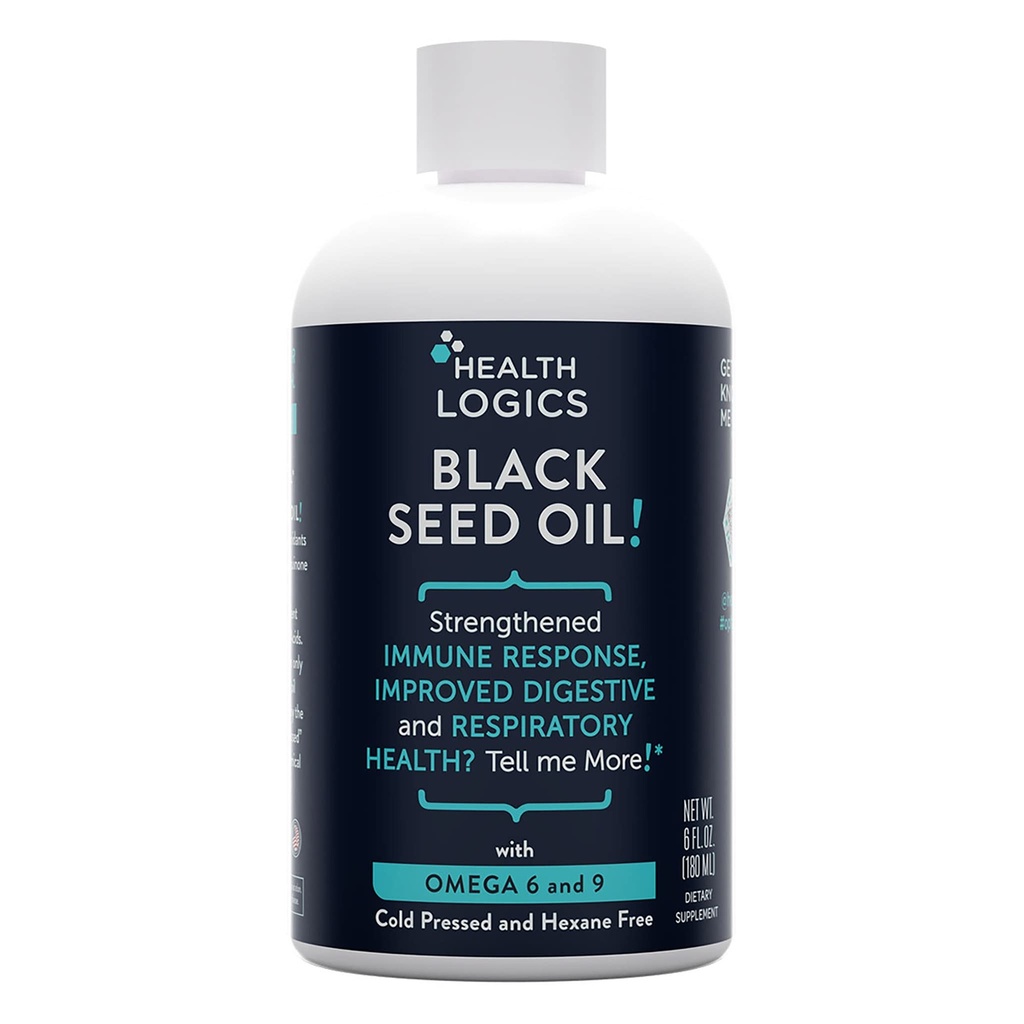 Logiche di salute Olio di semi neri | Fonte ricca di Omega 6 & Omega 9 | Olio di semi di cumino nero pressato a freddo puro per la salute respiratoria, digestiva e immune | 6 fl oz