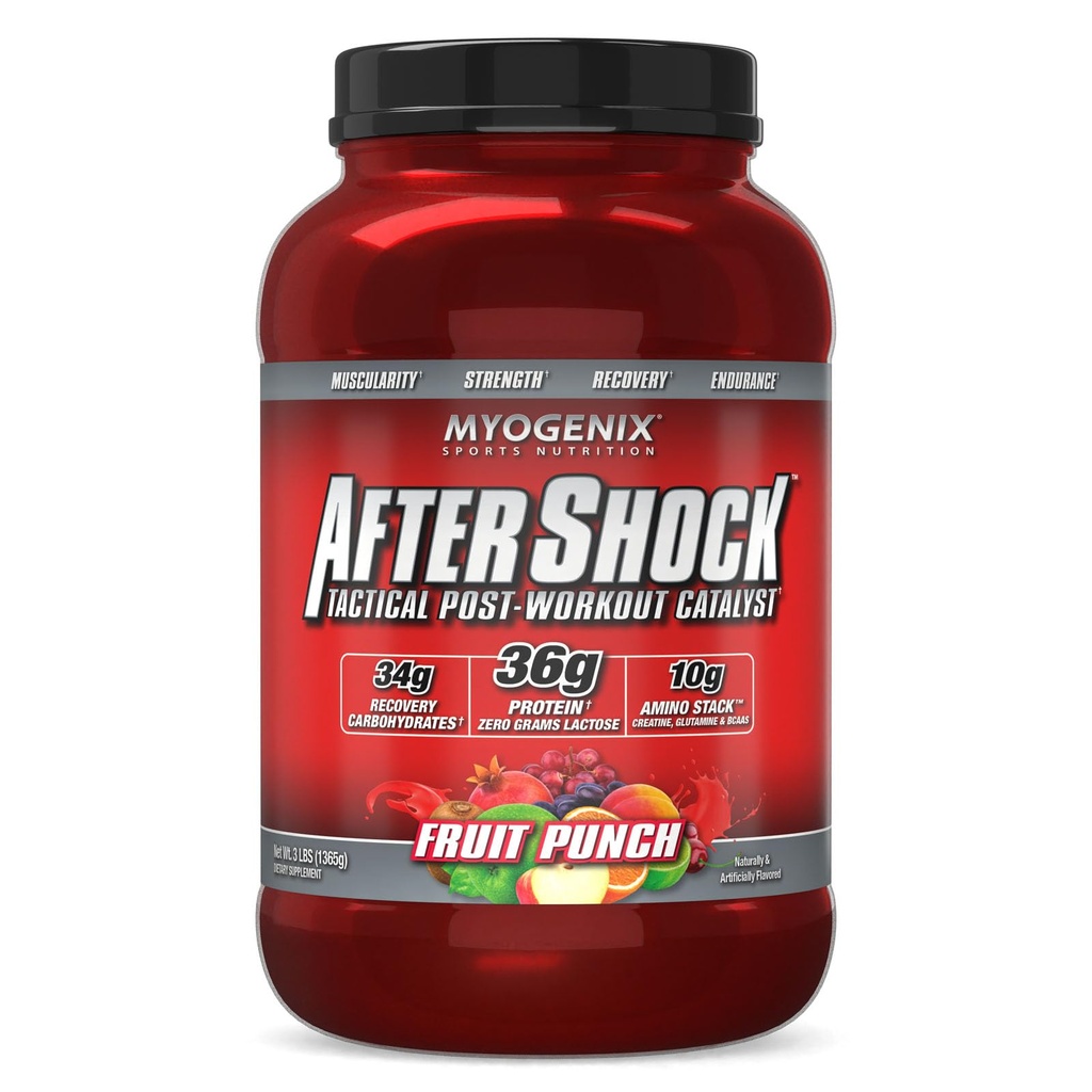 Myogenix Aftershock Post Workout — Polvere proteica del siero di crescita del muscolo — Accelera la crescita e il recupero del muscolo — Supporta la salute comune e reintegra il glicogeno — Punch di frutta, 3 lbs