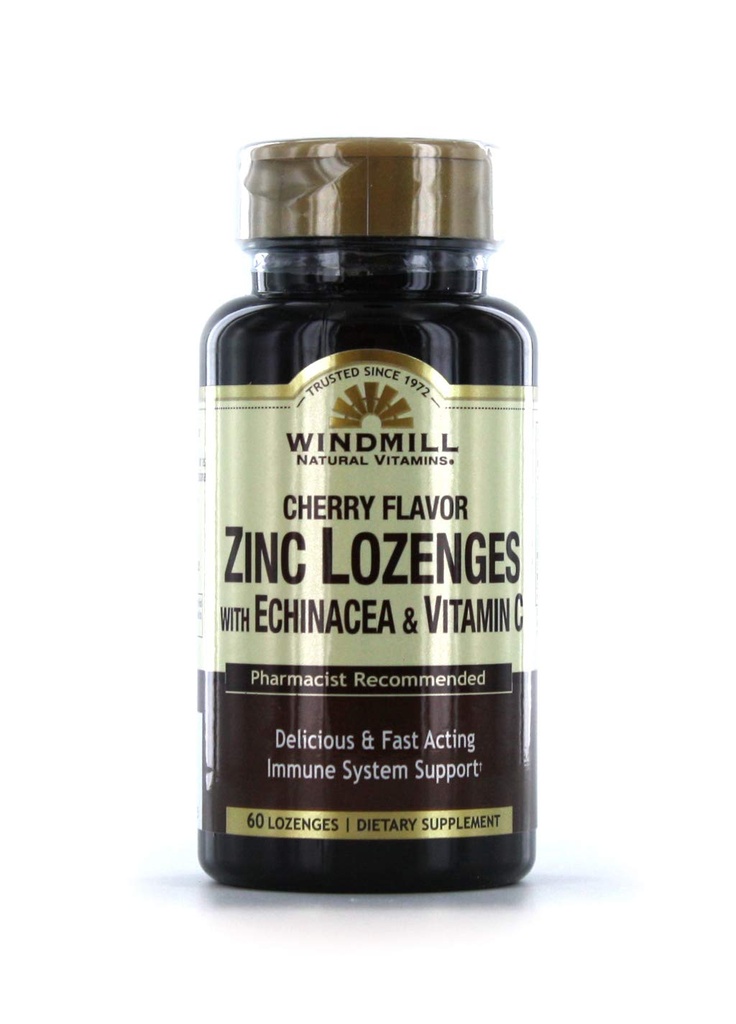 Vitamine di mulino a vento Lozenges di zinco con Echinacea & Vitamina C - Gusto di ciliegie, 60 Lozenges, 60 Serve, 60 Conte