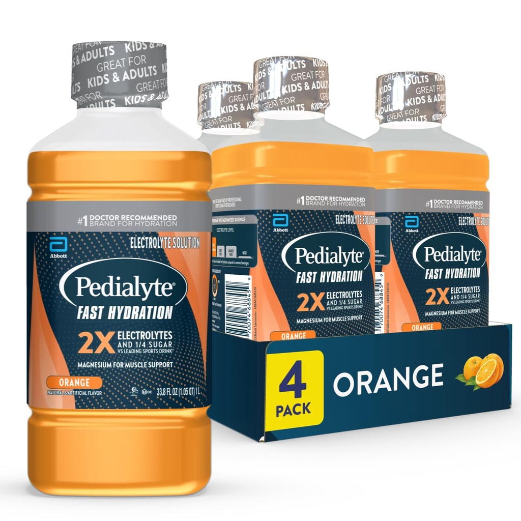 Pedialyte Soluzione di elettroliti rapida di idratazione, arancione, bevanda di idratazione, 33.8 Fl Oz (Pack of 4)