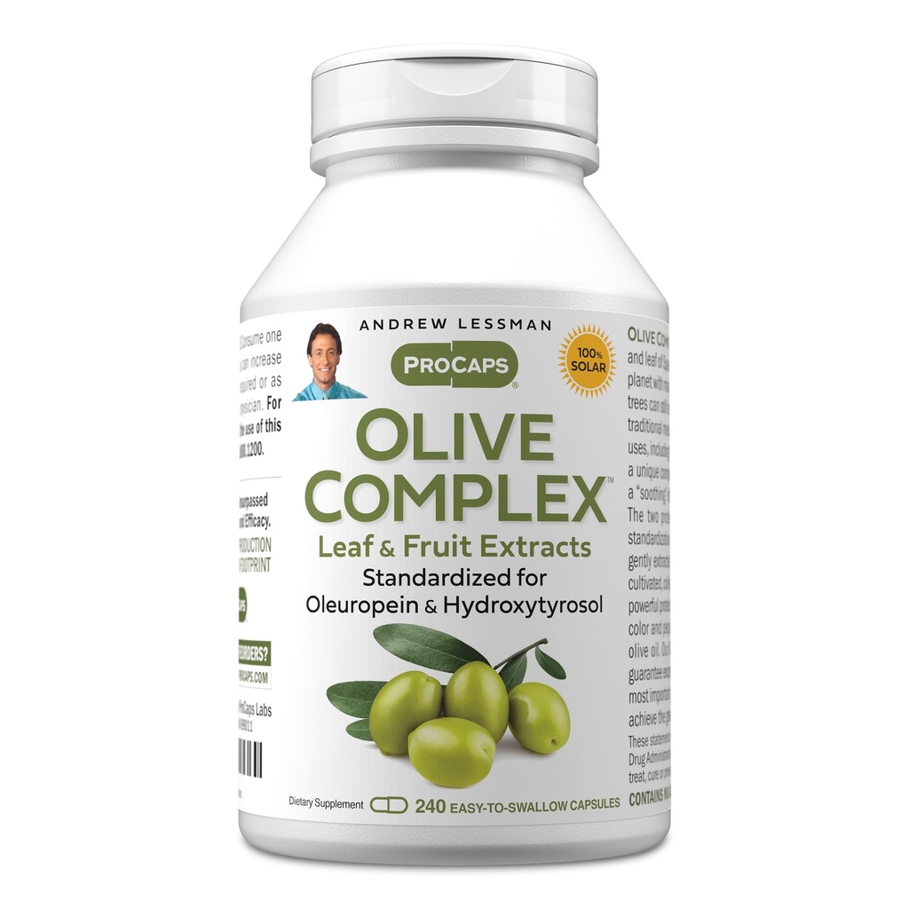 ANDREW LESSMAN Olive Complex - 240 Capsules - Leaf and Fruit Extracts. Standardizzato per Oleuropeina e Hydroxytyrosol per sostenere la salute cardiovascolare e immunitaria. Piccolo facile da ingoiare capsule