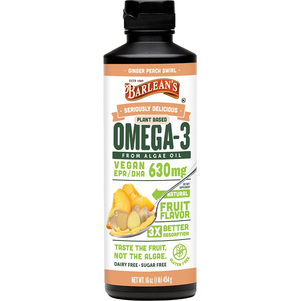 Ginger Peach Vegan Omega 3 Supplemento, olio di alghe liquide con 630 mg EPA & DHA, Omega basati sulle piante da olio algal, non OGM & Gluten Free, 16 oz