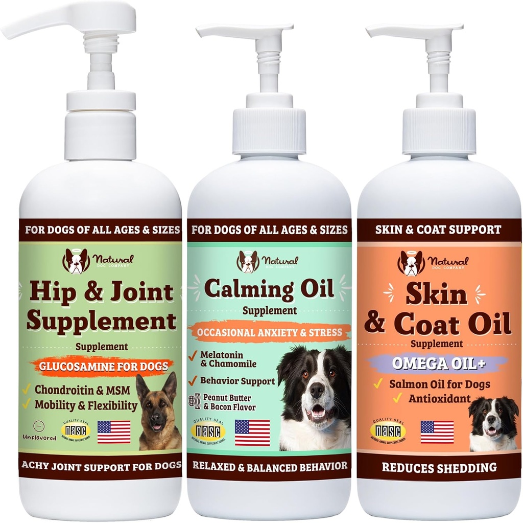 Natural Dog Company Wellness Bund$le per Cani, Toppers Alimentari, Integratori Liquidi con (1) Skin & Coat Oil, (1) Glucosamina Liquida, (1) Olio Calmante
